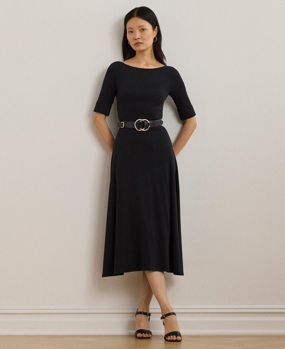 Lauren Ralph Lauren Women Rib-Knit Stretch Cotton Midi Dress Black Size L 4082